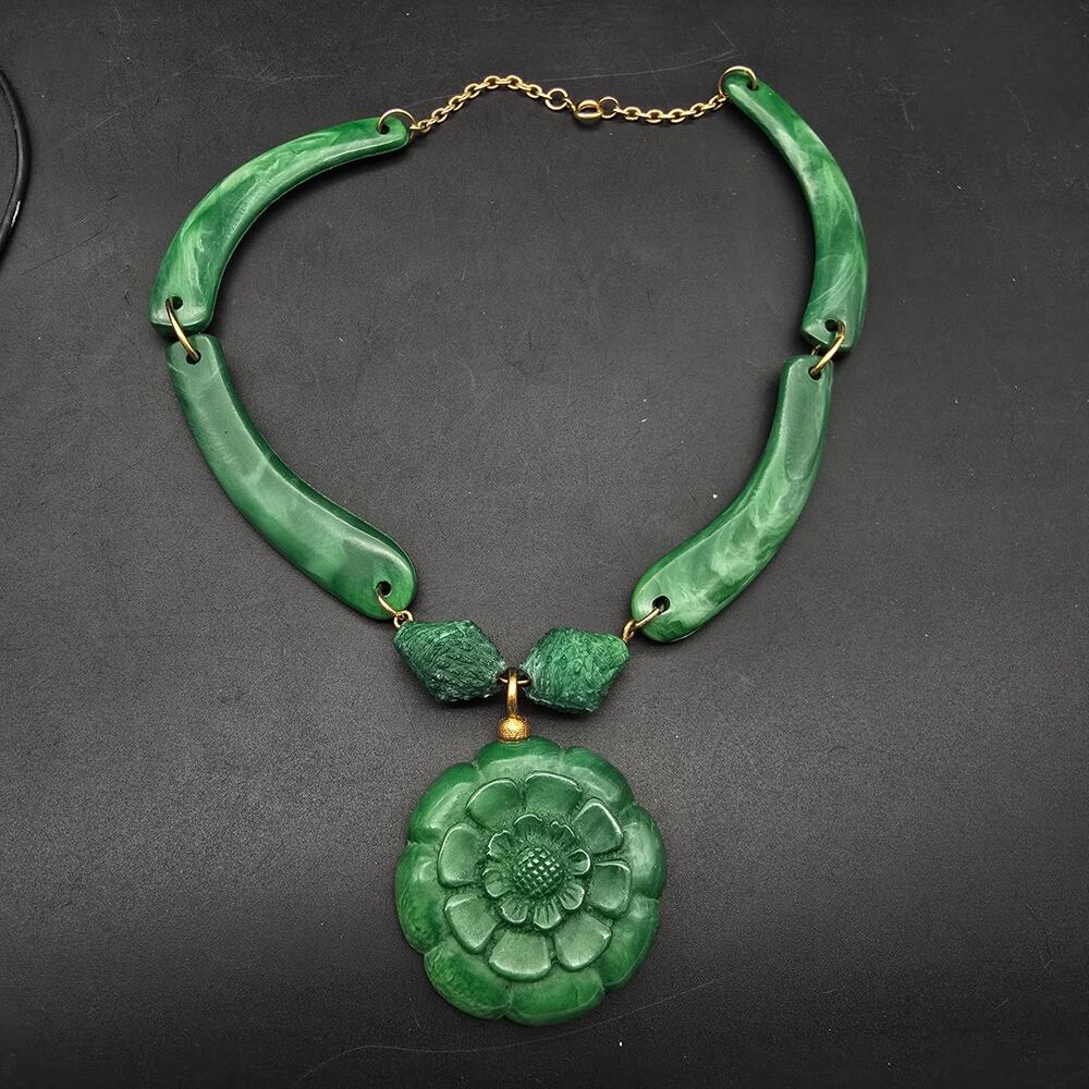 Faux Carved Green Jade Flower Necklace Vintage Plastic Costume Jewelry